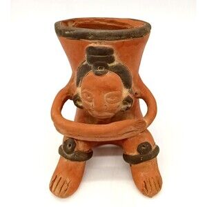Vtg Mexico Terracotta Aztec Mayan Tribal Figure Folk Art Pottery Vase Signed